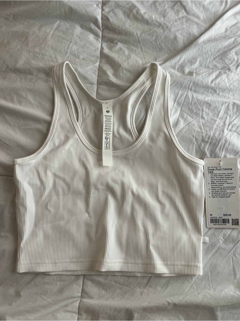 lululemon athletica White Ribbed Racerback Crop (power pivot training tank)